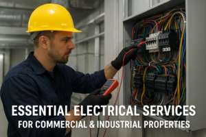 an electrician checking voltage with a multimeter in an electrical panel