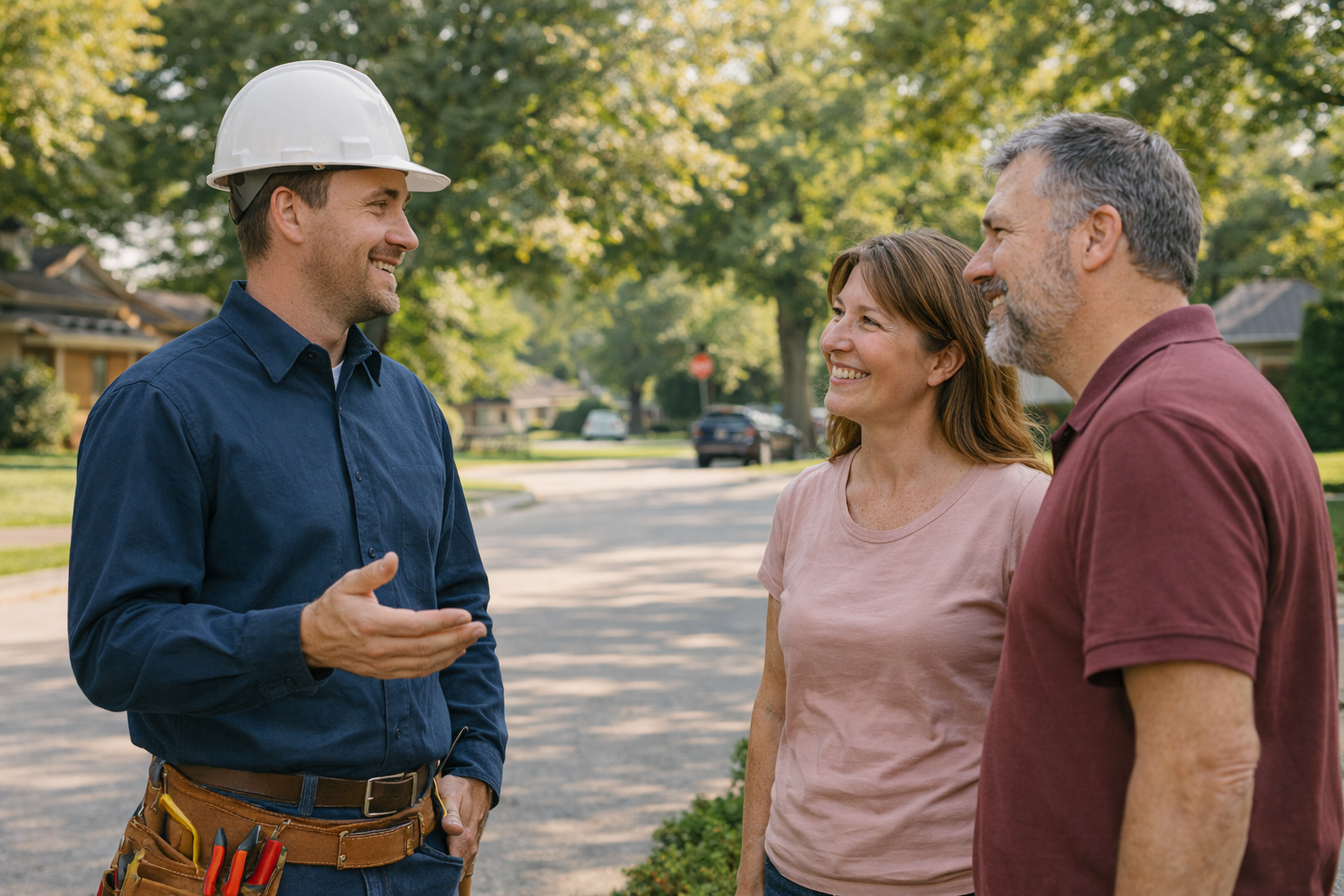 an electrician speaking to two customers